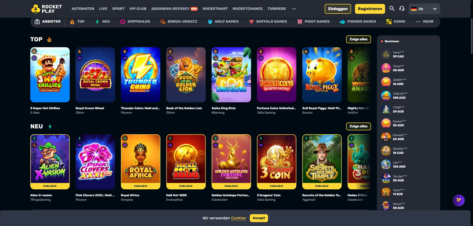 Popular pokies and casino games at Rocketplay Casino Australia