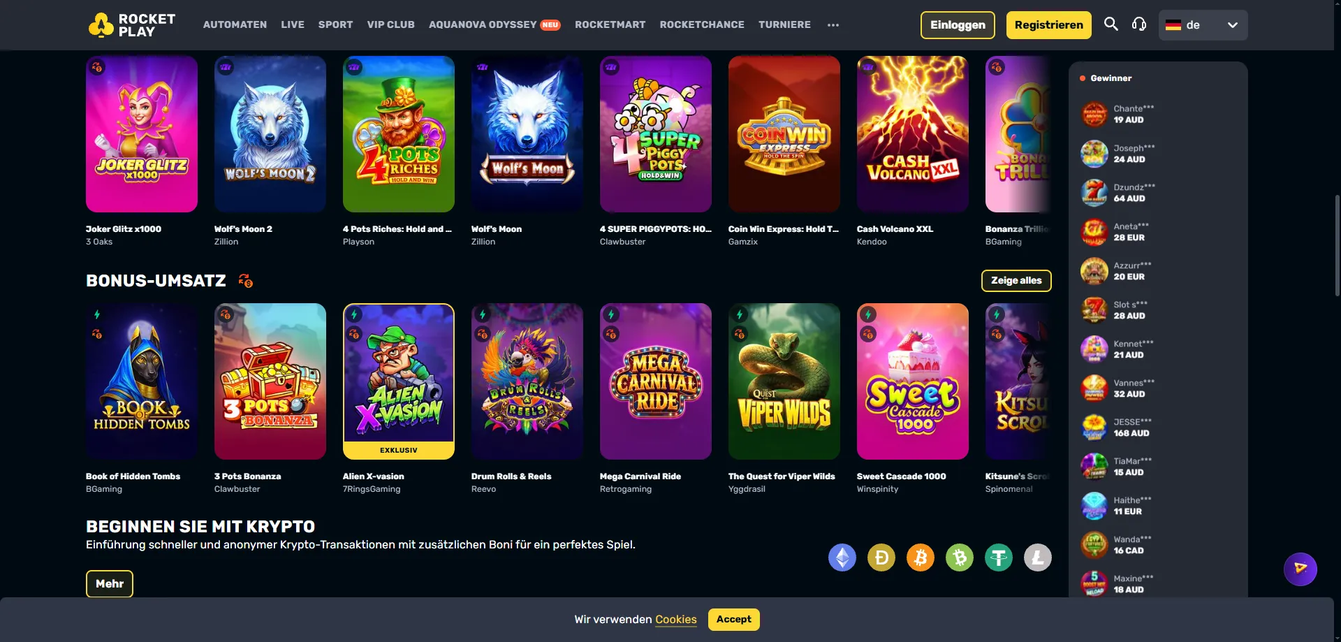 Rocketplay Casino games lobby — thousands of slots and live casino titles